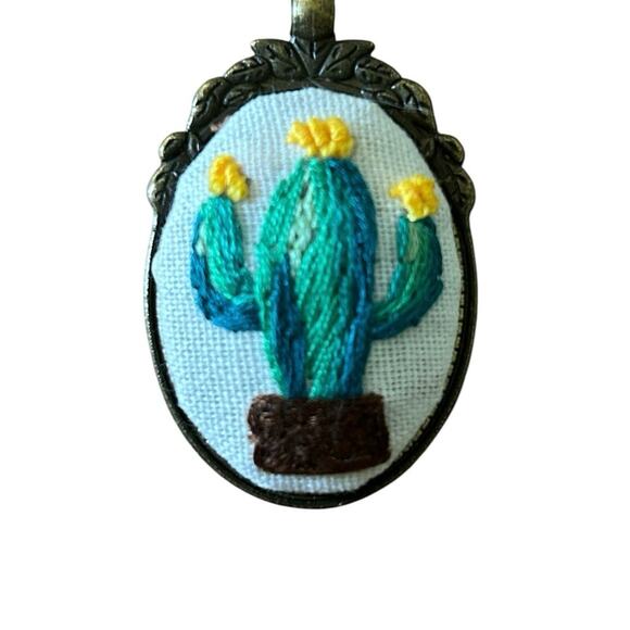 Embroidered Cactus Necklace ~ Handmade - Picture 2 of 3